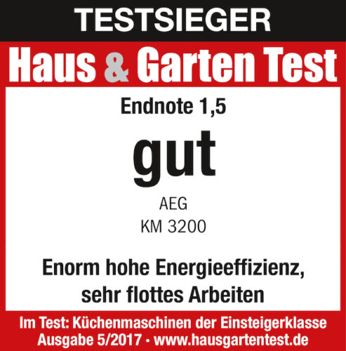 Die AEG 3Series KM 3200 gewinnt den Haus & Garten Test der Einsteigerklasse mit der Endnote 1,5 für „Enorm hohe Energieeffizienz, sehr flottes Arbeiten“