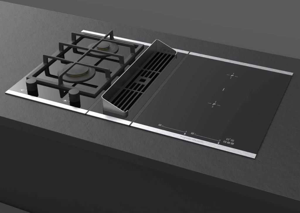 Durch den neuen Gas Deflektor können bei dem modularen VarioLine Konzept ab sofort auch Gas-Kochfelder direkt neben die Muldenlüftung platziert werden. Foto: ©Küppersbusch