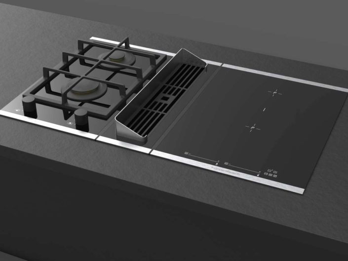 Durch den neuen Gas Deflektor können bei dem modularen VarioLine Konzept ab sofort auch Gas-Kochfelder direkt neben die Muldenlüftung platziert werden. Foto: ©Küppersbusch