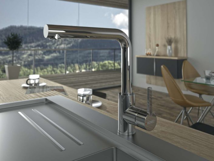 Edle Akzente und technischer Innovationen, die für mehr Komfort und Funktionalität beim Kochen und Zubereiten sorgen, setzen die neuen Armaturen von MONDO. Foto: MONDO