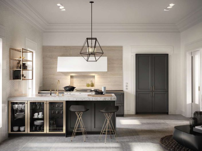 Die SieMatic Stilwelt CLASSIC lässt schier unbegrenzten Gestaltungsspielraum. Dieses Beispiel zeigt, wie man eine Planung aus wenigen Möbelelementen sehr hochwertig und individuell gestalten kann. Der Kochbereich wird dank der Arbeitsplatte in Marmoroptik zum eleganten Blickfang, metallfarbene Details in „goldbronce“ verleihen der Küche wertvollen Glanz. Die Hochschrank-Kombination aus Kühl-/Gefriergeräten und Vorratsschrank wurde raffiniert in einen nicht benötigten Türrahmen integriert. So verbindet sich die Küche harmonisch mit der Architektur. Foto: ©SieMatic