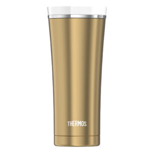 Ein goldfarbener Klassiker: Der Becher „Premium“ von Thermos. Er ist leicht zu reinigen und geschmacksneutral, ca. 35 Euro. Foto: Thermos