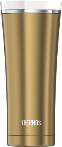 Ein goldfarbener Klassiker: Der Becher „Premium“ von Thermos. Er ist leicht zu reinigen und geschmacksneutral, ca. 35 Euro. Foto: Thermos