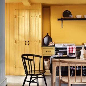 Der wunderschöne Farbton „Giallo 337“ ist vom Farbenprofi Little Greene. Mit hellem Holz und schwarzen Akzenten eine tolle Komposition. Foto: Little Green