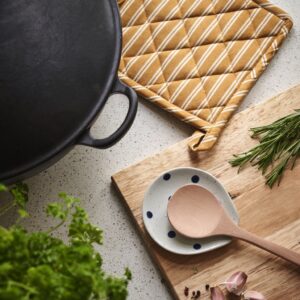 Ein solcher Topflappen hilft und macht sich optisch gut in der Küche. Dekorativ ist die Herbstfarbe Senf, von Sostrene Grene.