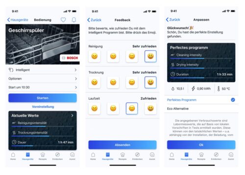 Mithilfe der Home Connect App kann der Nutzer nach Beendigung des gerade durchgeführten Spülvorgangs auf einer einfachen und klar verständlichen Bewertungsskala mit Emojis seine Zufriedenheit in den Kategorien Reinigen, Trocknen und Dauer eingeben. Auf Basis dieses Feedbacks schlägt die App dann ein optimiertes Programm vor. 
