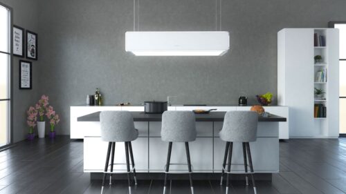 Die höhenverstellbare Umluft-Deckenlifthaube »Lightline« von SILVERLINE erzeugt mit der Ambiente- und Effektbeleuchtung eine einzigartige Lichtstimmung.