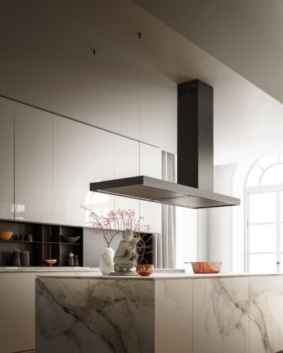 Die Abmessungen des Gerätes fallen auf, denn es hat kein Standardmaß. Elegant ist das mattschwarze Finish. Eine LED-Beleuchtung befindet sich an beiden Seiten der Haube. Das Modell „Elle“ von Falmec hat einen leistungsstarken Motor und kann im Abluft- und Umluftbetrieb genutzt werden.