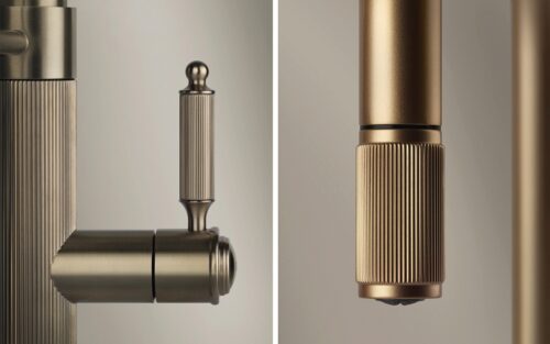 Die Kollektion „Venti20 Küche“ von Gessi hat eine Retro-Note und greift die angesagte Rillenoptik in der Armatur auf. Entwickelt wurde das Design mit dem Künstler Lazaro Rosa Violan.