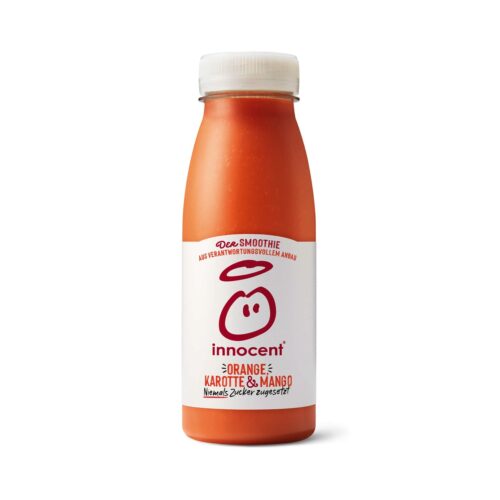 Ein Power-Paket ist der Smoothie mit Orange, Karotte und Mango. Ideal für unterwegs. Von Innocent.