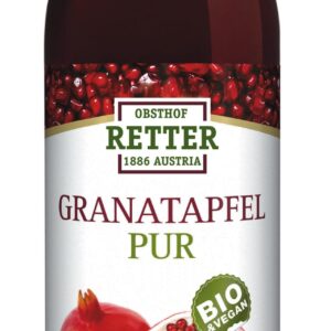 Granatäpfel sind sehr gesund, denn sie enthalten nicht nur Vitamin C, sondern auch B-Vitamine, wie B1 und B2. Toll mit Mineralwasser mixen, lässt sich der „Granatapfel pur“ vom Obsthof Retter.