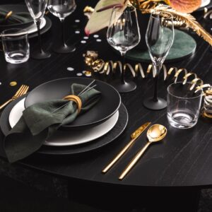 Der Tisch trägt das „Kleine Schwarze“. Das satte Schwarz mit den goldfarbenen Akzenten wirkt elegant und verleiht Ihrer Party einen besonderen Charakter. Geschirr und Accessoires sind von Villeroy & Boch.