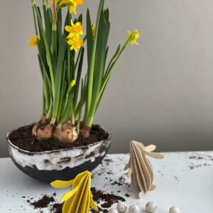 Narzissen heißen auch Osterglocken und sind neben Tulpen die typischen Osterblumen. Farblich dazu passen die Häschen aus nachhaltigem Sperrholz. Von Lovi, zu kaufen über Koti, je ca. 9 Euro (koti-ahrensburg.com).