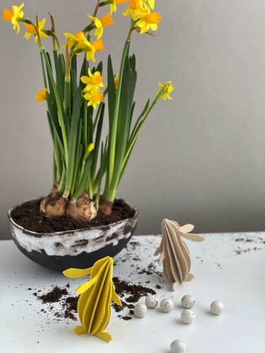 Narzissen heißen auch Osterglocken und sind neben Tulpen die typischen Osterblumen. Farblich dazu passen die Häschen aus nachhaltigem Sperrholz. Von Lovi, zu kaufen über Koti, je ca. 9 Euro (koti-ahrensburg.com).