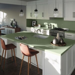 Eine weiße Küche lässt sich quasi mit jeder Farbe kombinieren. Das zarte Grün „Posidonia Green“ unterstreicht die Frische, die Weiß generell schon ausstrahlt. Die Quarzoberflächen für Arbeitsplatte und Rückwand sind aus der Kollektion „Sunlit Days“ von Silestone und Co2-neutral.