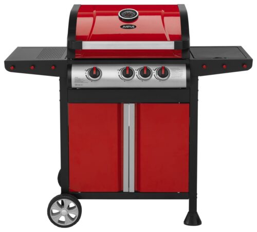 Ein Hingucker ist der leuchtend rote Grill. Praktisch sind die Rollen, denn damit kann der Gasgrill bequem seinen Platz wechseln. Von Justus.