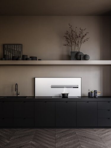 Der Abzug „Air Wall Elements“ von Falmec macht die Küchenzeile aus mit seiner hochwertigen Technik. Der simple Look der Küche wirkt edel zum wohnlichen Boden und der Wandgestaltung.
