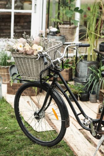 Blumen machen einen Picknickplatz richtig wohnlich. Achten Sie nur darauf, dass sie auch mit Wasser versorgt sind. Alternativ können Sie auch Trockenblumen mitnehmen. Den hübschen Korb gibt es bei Car Möbel zu kaufen.
