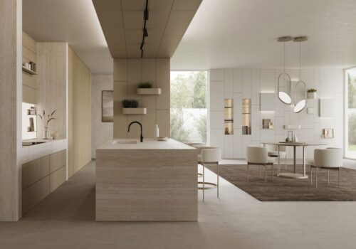 Eine Prise Art Déco-Flair trifft auf natürliche Materialien. Schön ist auch die Ton-in-Ton-Gestaltung. Die praktische Trennwand ist von Ronda Design.