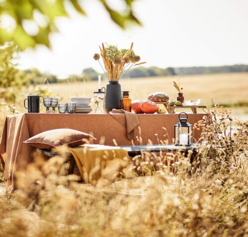 Auf dem gedeckten Herbsttisch dürfen Kürbisse nicht fehlen. Auch getrocknete Blumen und eine Leinentischdecke in Beige setzten ihn in Szene. Zubehör und Möbel sind von Butlers.