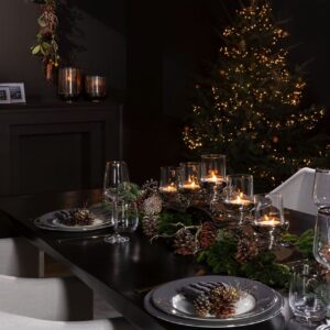 Gemütlich und luxuriös zugleich: Die Kerzen ergeben mit viel Grün und den Zapfen ein stilvolles Arrangement, dass Gemütlichkeit ausstrahlt. Der große Silber-Tischleuchter „Nuvoloa“ ist von Fink Living, ca. 400 Euro.
