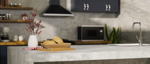 In dieser Küche ist nicht nur die Nischenwand aus Beton sondern auch die Arbeitsplatte. 
