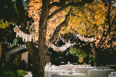 Ein stimmungsvoll dekorierter Garten für ein herbstliches Fest: Mit einfachen Mitteln wie Lichterketten, rustikalen Girlanden und herbstlichem Laub lässt sich der eigene Garten schnell in eine einladende Kulisse verwandeln. Warme Lichter sorgen für Gemütlichkeit, während natürliche Materialien wie Stoffbänder oder getrocknete Blätter die herbstliche Atmosphäre unterstreichen. Perfekt für ein entspanntes Outdoor-Event, bei dem die Farben des Herbstes im Mittelpunkt stehen. Foto: Ben Rosett on unsplash