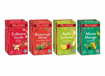 Vier neue fruchtige Geschmacksrichtungen werden von Milford angeboten. Sie machen selbst an kalten Wintertagen gute Laune. Ein Teil der Kollektion sind die Früchtetees „Erdbeere Vanille“, „Blutorange Minze“, „Apfel Limone“ und der Kräutertee „Minze Mango“. Ein echtes Genusserlebnis.  

