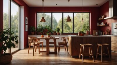 Terrakotta ist in der Küchenwelt momentan sehr gefragt und verbreitet einen Hauch Mittelmeer-Flair. Es wirkt besonders warm und passt gut in Kombination mit natürlichen Materialien, wie dem hellen Holz. Die Wahl der Wandfarbe in dem rostroten Ton ist sinnvoll, denn so legt man sich nicht zu sehr fest und kann den Ton leicht wieder verändern, wenn man ihn nicht mehr mag. Wandfarbe von PNZ.
