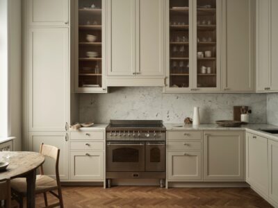 Der softe Weißton verschönert den Landhaus-Look. Dennoch sieht es keineswegs altmodisch aus. Das liegt an den eleganten Formen der Küche und den silberfarbenen Griffen. Beides strahlt Modernität aus, von Nordiska Kök.
