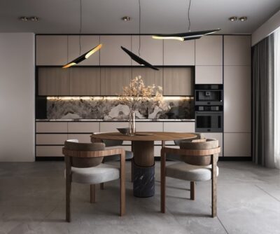 An Eleganz kaum zu übertreffen ist die hochwertige Gestaltung der Küche. Die Farbigkeit in softem Weiß wirkt lieblich, die Marmor-Akzente luxuriös. Insgesamt ergeben die einzelnen Design-Objekte ein echtes Statement, von Caffe Latte.
