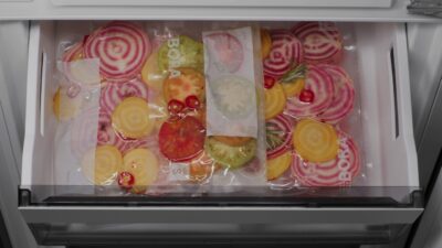 Viele Kühlflächen sind gerade in kleinen Küchen ein Thema. Lebensmittel müssen aber auch richtig gelagert werden. Bei der Bora „Cool Combi XL“ sind die herausnehmbaren Wannen auf vollausziehbaren Teleskopschienen mit Selbsteinzug eine Bereicherung. Sie sind ebenfalls perfekt für vakuumiertes Gemüse.