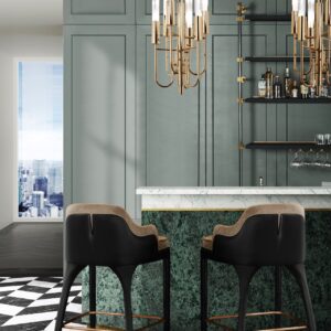 Ein Hauch Art Déco prägt die Gestaltung. Gold, Schwarz-Weiß-Elemente und eleganter Stein gehören zu dieser kunstvollen Einrichtung, von Covet House.