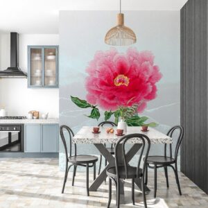 Eine einzelne Blume ist der Star in diesem Zimmer, nämlich die Pfingstrose. Sie verschönert die Wand mit dem Tapeten Wand-Bild „Beachpeony“. Das fällt garantiert auf und hat dennoch eine edle Anmutung durch die restliche, eher schlicht gehaltene Einrichtung. Die Tapete ist von Gräflich Münster’sche Manufaktur.