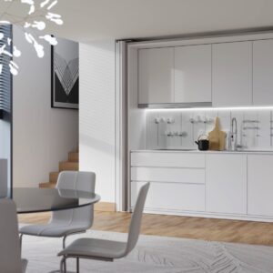 Eine Innovation ist die sogenannte „Küche im Schrank“. Hinter elegantem Schiebetüren- oder Klappmechanismus verbirgt sich eine voll ausgestattete Küchenzeile – inklusive Spüle, Kochfeld und Stauraum. Ideal für Mikro-Apartments oder offene Wohnräume, in denen die Küche optisch dezent zurücktreten soll.