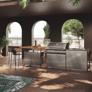 Für eine üppige Küchenzeile benötigt man etwas Platz. Sinnvoll kann dafür ein Wetterschutz
in Form einer Pergola oder Markise sein. So ist das Kochen auch bei weniger idealem
Wetter oder zu viel Sonnenschein eine Freude. Edelstahl, Holz und klare Linien machen
die Outdoor-Küche „Formalia“ zum Design-Highlight, von Scavolini.
