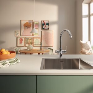 Ein kuscheliger Sitzplatz auf der Fensterbank, eine typisch nordische Lampe und das Bilder-Ensemble charakterisieren Wohnlichkeit. Kombiniert wird dazu Funktionalität mit der Armatur aus der Linie „Blue“ von Grohe. Sie hat zwei getrennte Wasserführungen, eine für gefiltertes und eine für ungefiltertes Wasser. So beweist der Skandi-Look wieder einmal, dass Ästhetik und Alltag perfekt zusammenpassen.