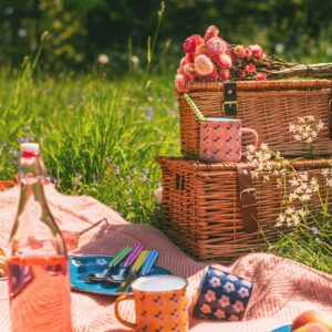 Für ein Picknick ist robustes Geschirr sehr hilfreich, vor allem wenn man mit Kindern unterwegs ist. Die süßen Blümchen versprühen Retro-Flair. Set aus vier Emaille-Bechern von Enamelhappy.