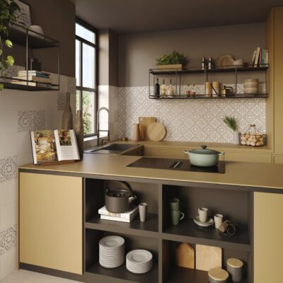 Der mediterrane Look muss nicht immer ländlich und verspielt aussehen. Bei dieser Küche wird er sehr modern umgesetzt mit den geradlinigen Fronten und den verspielten, aber dennoch puristischen Kacheln. Die Fliesen „Twist“ aus Feinsteinzeug sind angelehnt an die typischen historischen Zementfliesen, von Keystone Tiles.