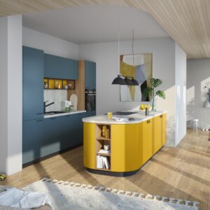 Die Küche „Sunflower“ macht schon auf den ersten Blick gute Laune mit der tollen Farbauswahl und der soften Form der Insel. So ergibt sich eine sehr moderne An-mutung, von Küche & Co.