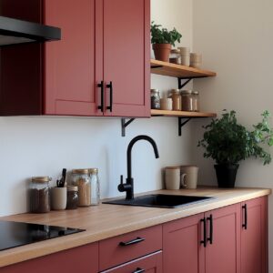 Der edle Rostrotton ist nicht nur eine Trendfarbe bei Farbexperten, er ist perfekt für eine Küche mit südlicher Anmutung. Er erinnert an das Rot der Terracotta-Böden. Bei Miss Pompadour heißt die Farbe „Rot mit Himbeere“.