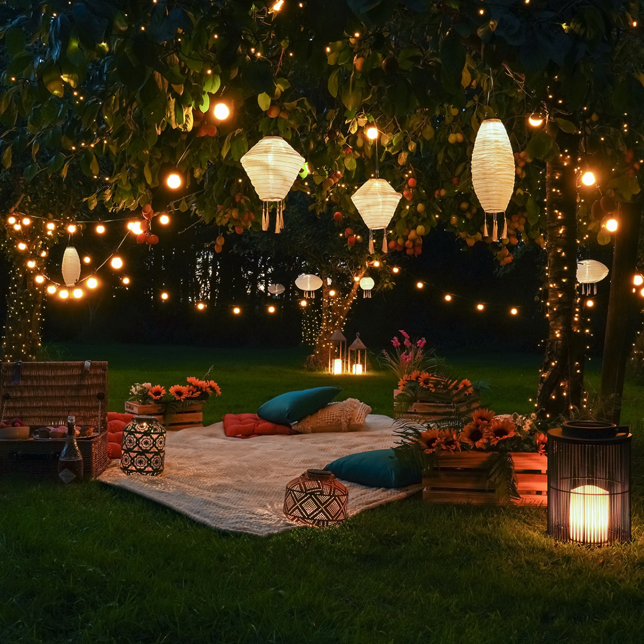 Dieses Lichtermeer macht den Picknick erst aus. Dafür ist ein Platz unter einem Baum ideal, denn dort lassen sich die Lichter aufhängen. Blumen verschönern zusätzlich die abendliche Anmutung. Die Lichter sind von Festive Lights. | KÜCHEN JOURNAL Dieses Lichtermeer macht den Picknick erst aus. Dafür ist ein Platz unter einem Baum ideal, denn dort lassen sich die Lichter aufhängen. Blumen verschönern zusätzlich die abendliche Anmutung. Die Lichter sind von Festive Lights.