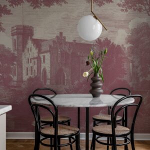 Eine märchenhafte Kulisse in zartem „Dusty Pink“, das ist der Ausblick, wenn man gemütlich am Esstisch sitzt. Das Motiv „Swan Pond“ aus der Serie „Vintage Brocade“ besticht durch ein großflächiges Muster, das edel wirkt und zum Träumen verführt. Das Design vergrößert den Raum optisch, von Rebel Walls.