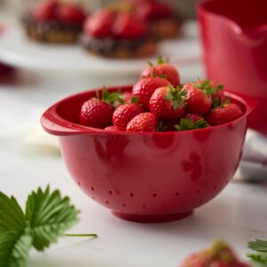 Rot in Rot, das fällt ins Auge. Erdbeeren sind die Königin eines schwedischen Sommerfestes. Gut waschen lassen sie sich im Sieb von Rosti, ca. 14 Euro.  
