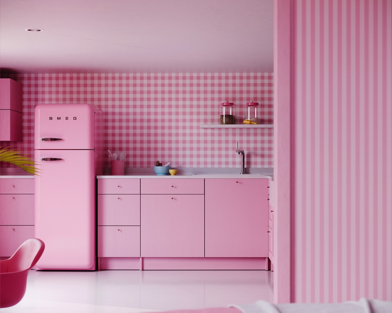 Barbie lässt grüßen und präsentiert ihr Traumhaus in der echten Welt. Natürlich ist das sehr plakativ, aber durchaus eine Idee, die Stil hat. Denn alles ist aufeinander abgestimmt und wirkt deshalb nicht zu überladen. Bei so einer Farbexplosion muss man darauf achten, dass der Rest der Küche sehr aufgeräumt und schlicht wirkt.