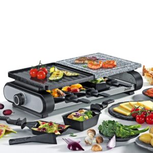 Der Raclette-Grill von Spring ist ausgelegt für bis zu acht Personen. Ausgestattet ist er mit einer Grillplatte mit antihaftbeschichteter Oberfläche. Natürlich gibt es Pfännchen sowie Spachtel. Hochwertig ist auch das Gehäuse.  

