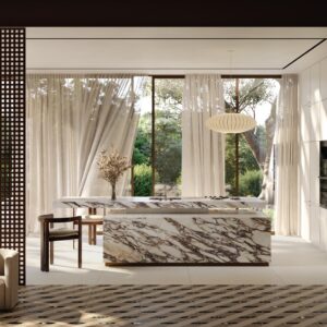 Die Arbeitsfläche schwebt förmlich über der Insel, dennoch kommen beide als Einheit daher. Verbindend ist die marmorähnliche Oberfläche „Fior di Viola 4D“. Auf den Keramik Platten durchziehen die Adern das gesamte Material und erzeugen Tiefe und visuelle Kontinuität, die die natürliche Dreidimensionalität des Marmors betonen. Die Oberflächen scheinen zu leben. Eine zeitlose Schönheit von Sapienstone.