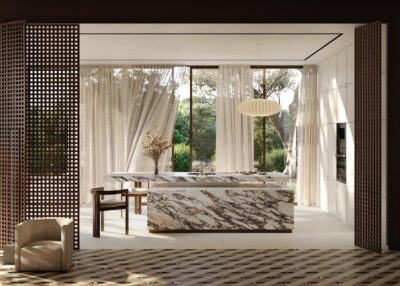 Die Arbeitsfläche schwebt förmlich über der Insel, dennoch kommen beide als Einheit daher. Verbindend ist die marmorähnliche Oberfläche „Fior di Viola 4D“. Auf den Keramik Platten durchziehen die Adern das gesamte Material und erzeugen Tiefe und visuelle Kontinuität, die die natürliche Dreidimensionalität des Marmors betonen. Die Oberflächen scheinen zu leben. Eine zeitlose Schönheit von Sapienstone.