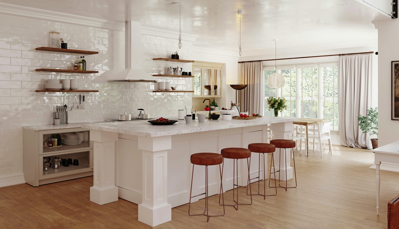 Große Fenster fluten die moderne Küche mit natürlichem Licht und schaffen eine helle, freundliche Atmosphäre. Foto credit: Unsplash. 