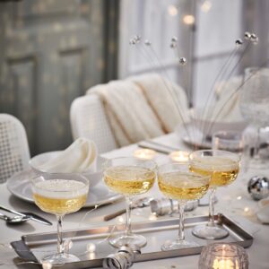 Spritzige Getränke dürfen am 31.Dezember nicht fehlen. Besonders sehen sie in Sektschalen aus, serviert auf einem Silbertablett. „Fröjda“ Sektschalen und Tablett von Ikea.
